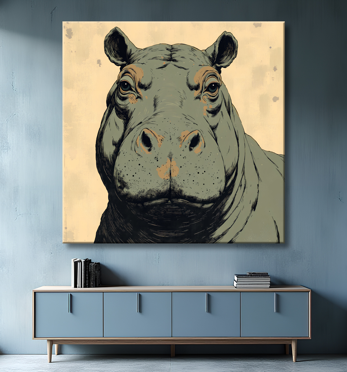 Tableau hippopotame - Peinture expressive moderne avec decor