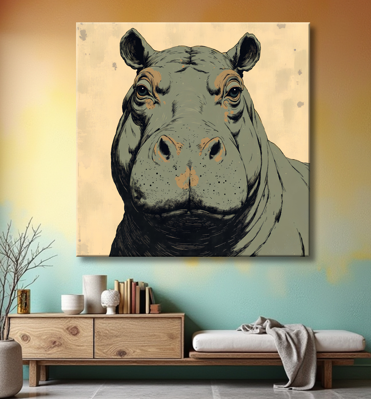 Tableau hippopotame - Peinture expressive moderne avec decor