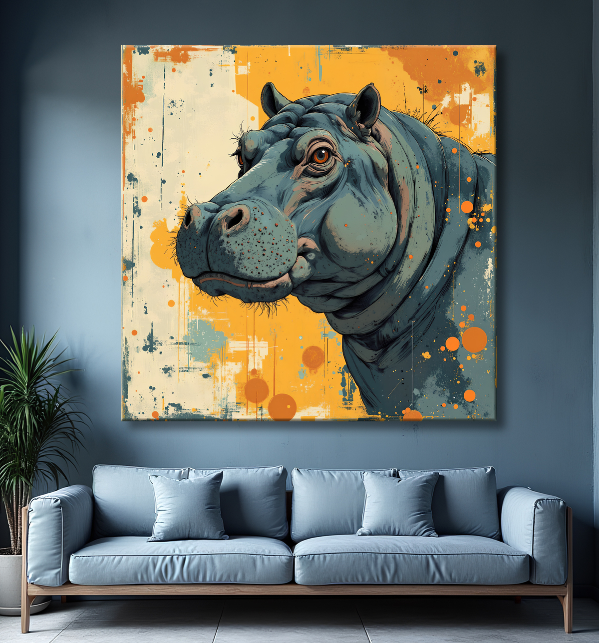 Tableau hippopotame - Peinture expressive moderne avec decor