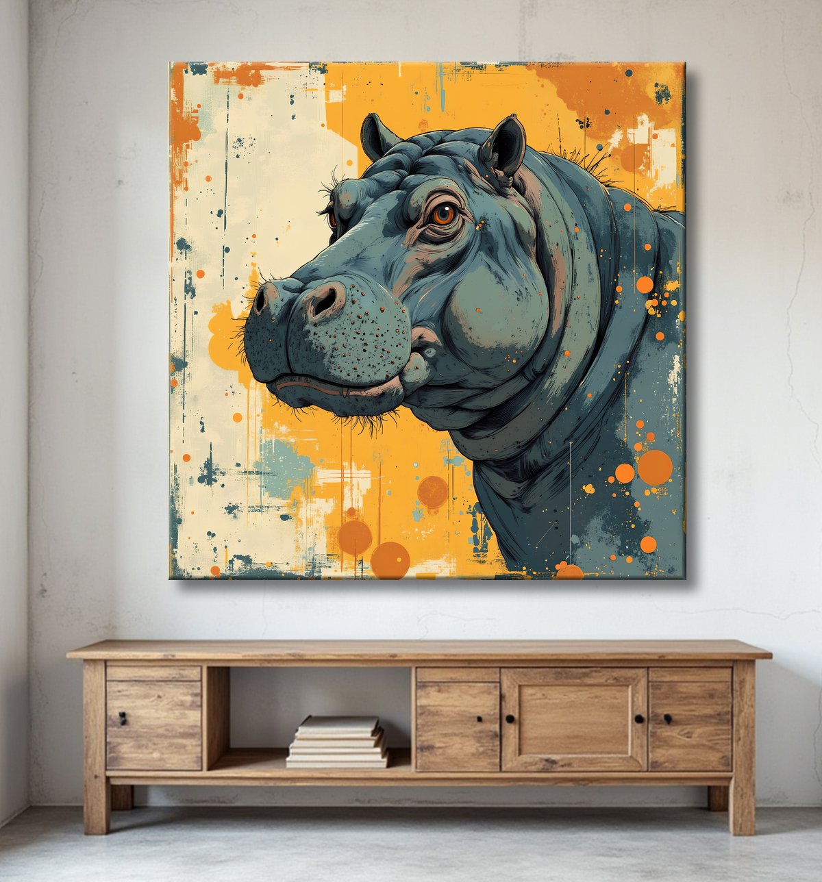 Tableau hippopotame - Peinture expressive moderne avec decor
