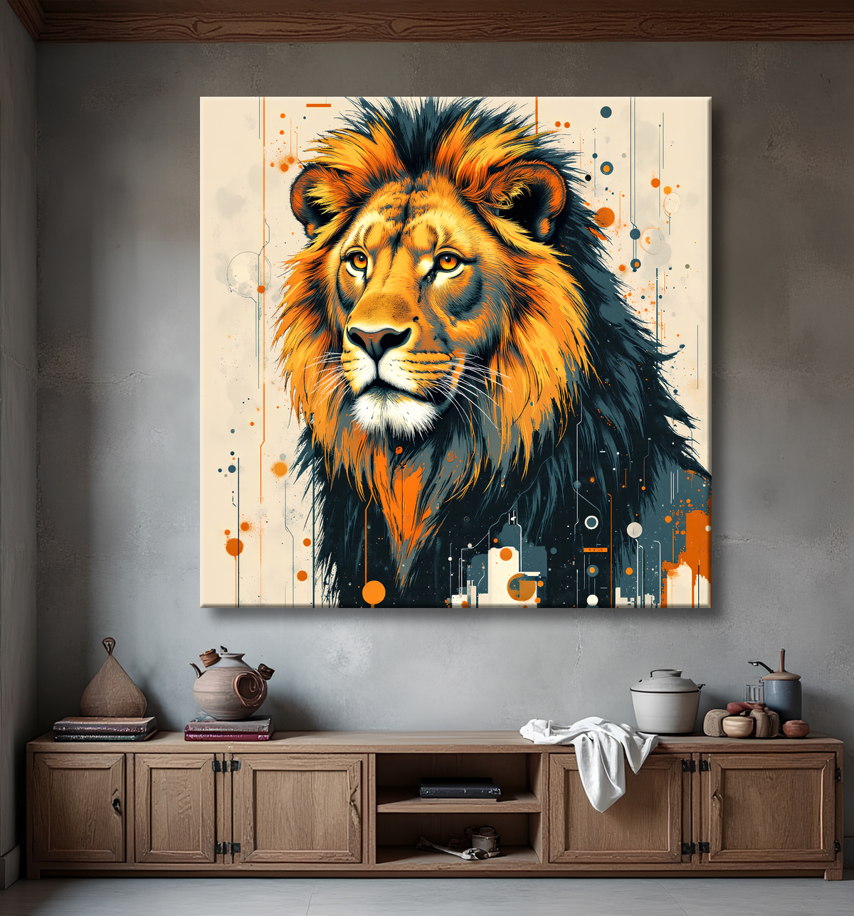 Tableau Lion Peinture Moderne et Expressionniste avec decor