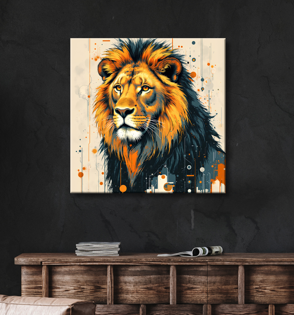 Tableau Lion Peinture Moderne et Expressionniste avec decor