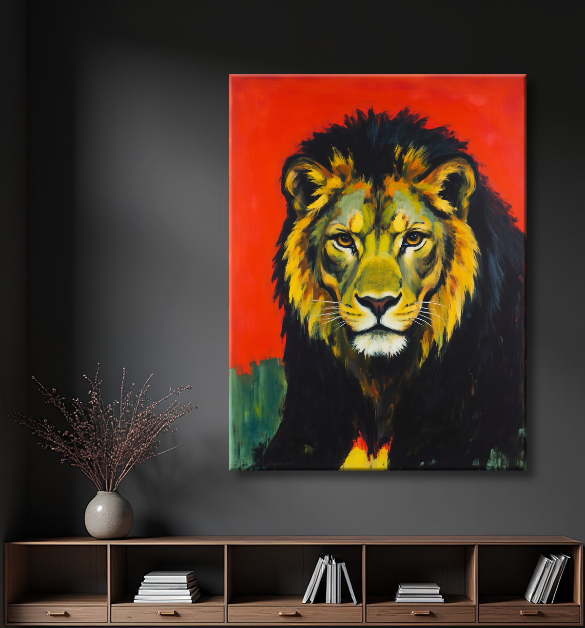 Peinture d'un lion sur fond rouge, tableau stylisé avec decor