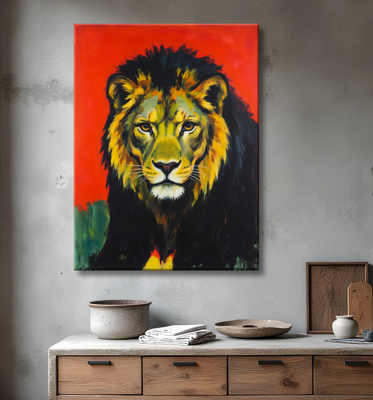 Peinture d'un lion sur fond rouge, tableau stylisé avec decor