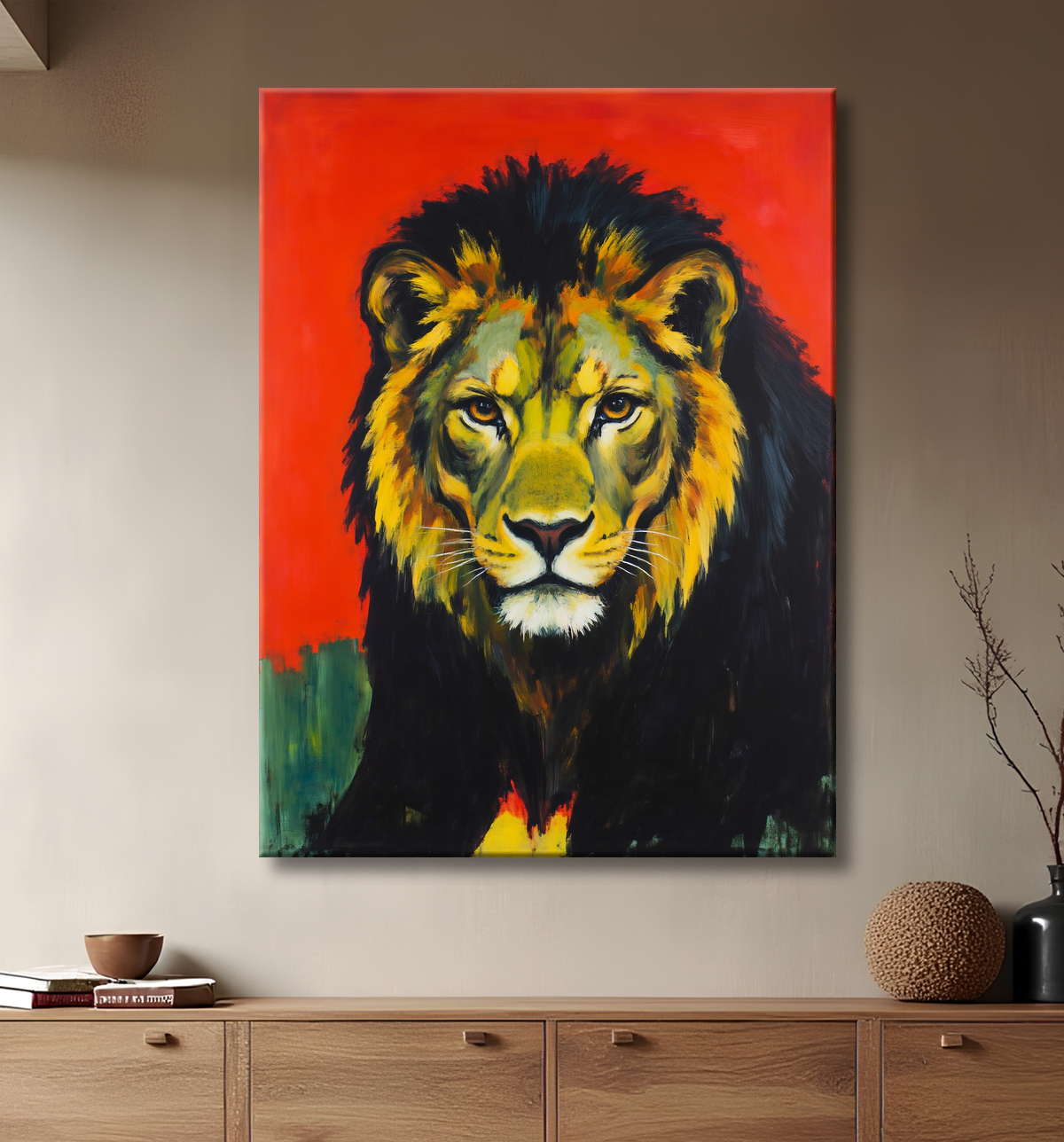 Peinture d'un lion sur fond rouge, tableau stylisé avec decor