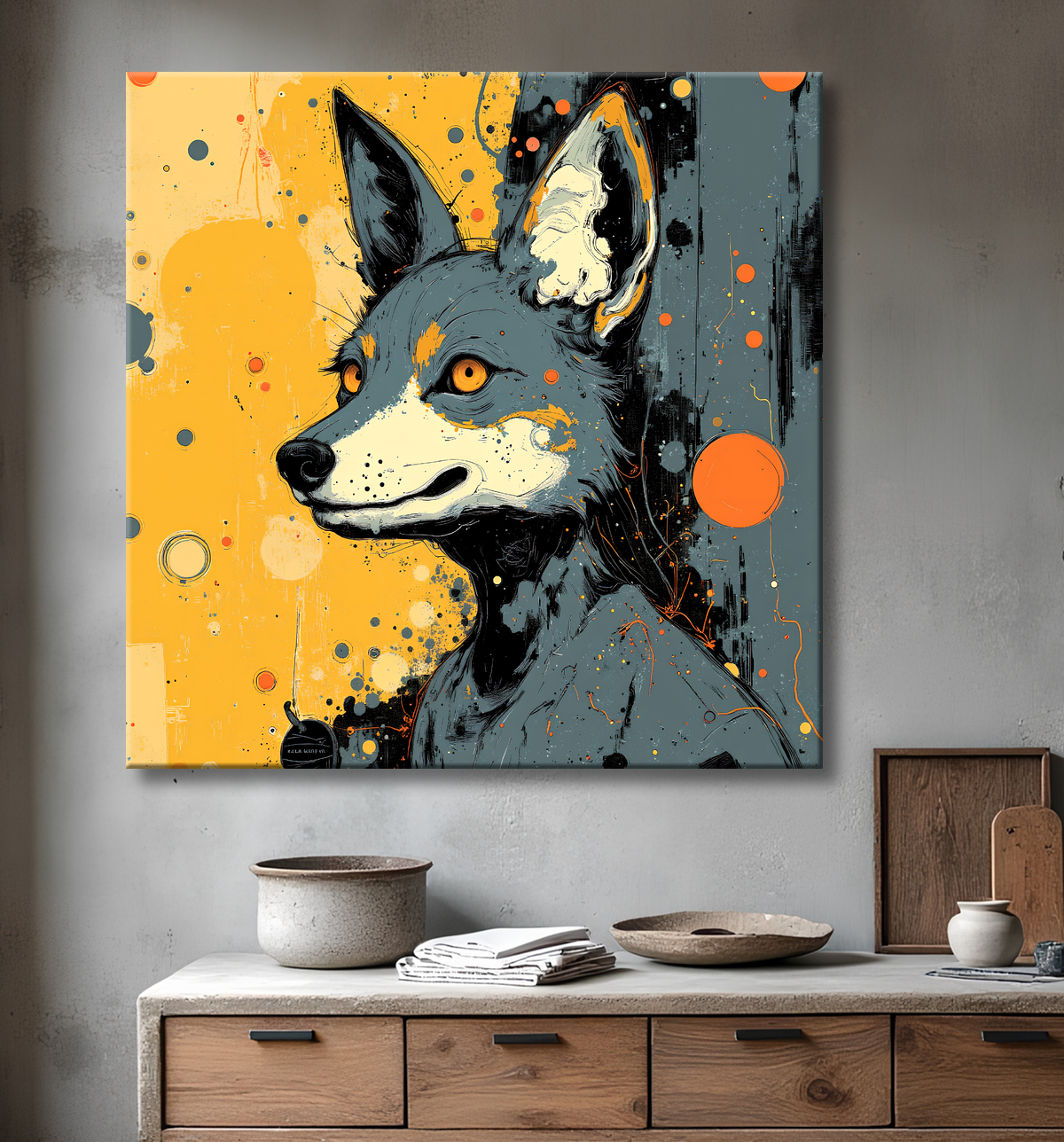 Tableau loup | Peinture moderne expressive loup avec decor