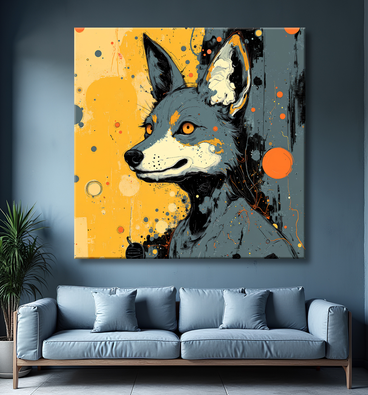 Tableau loup | Peinture moderne expressive loup avec decor