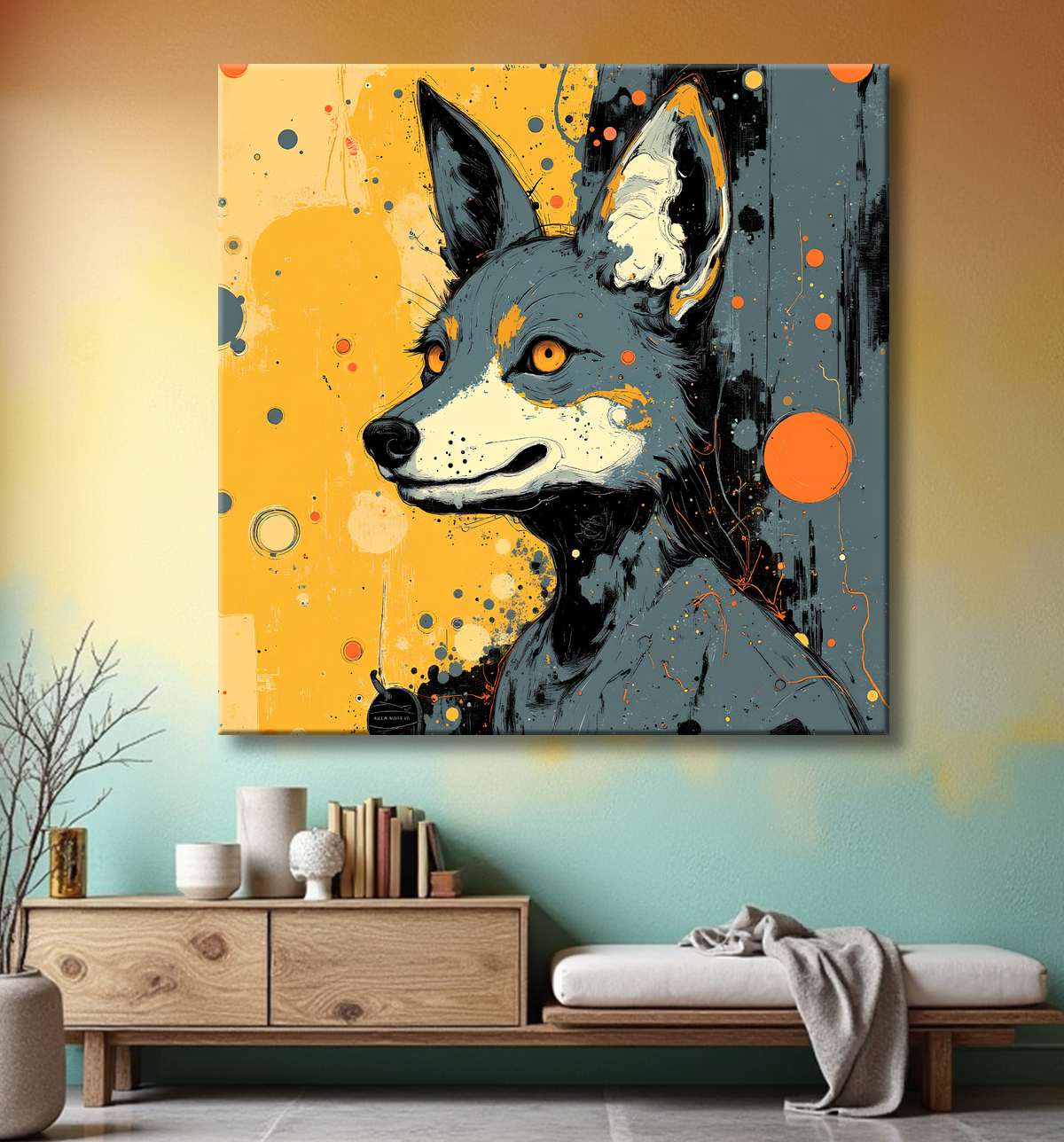 Tableau loup | Peinture moderne expressive loup avec decor