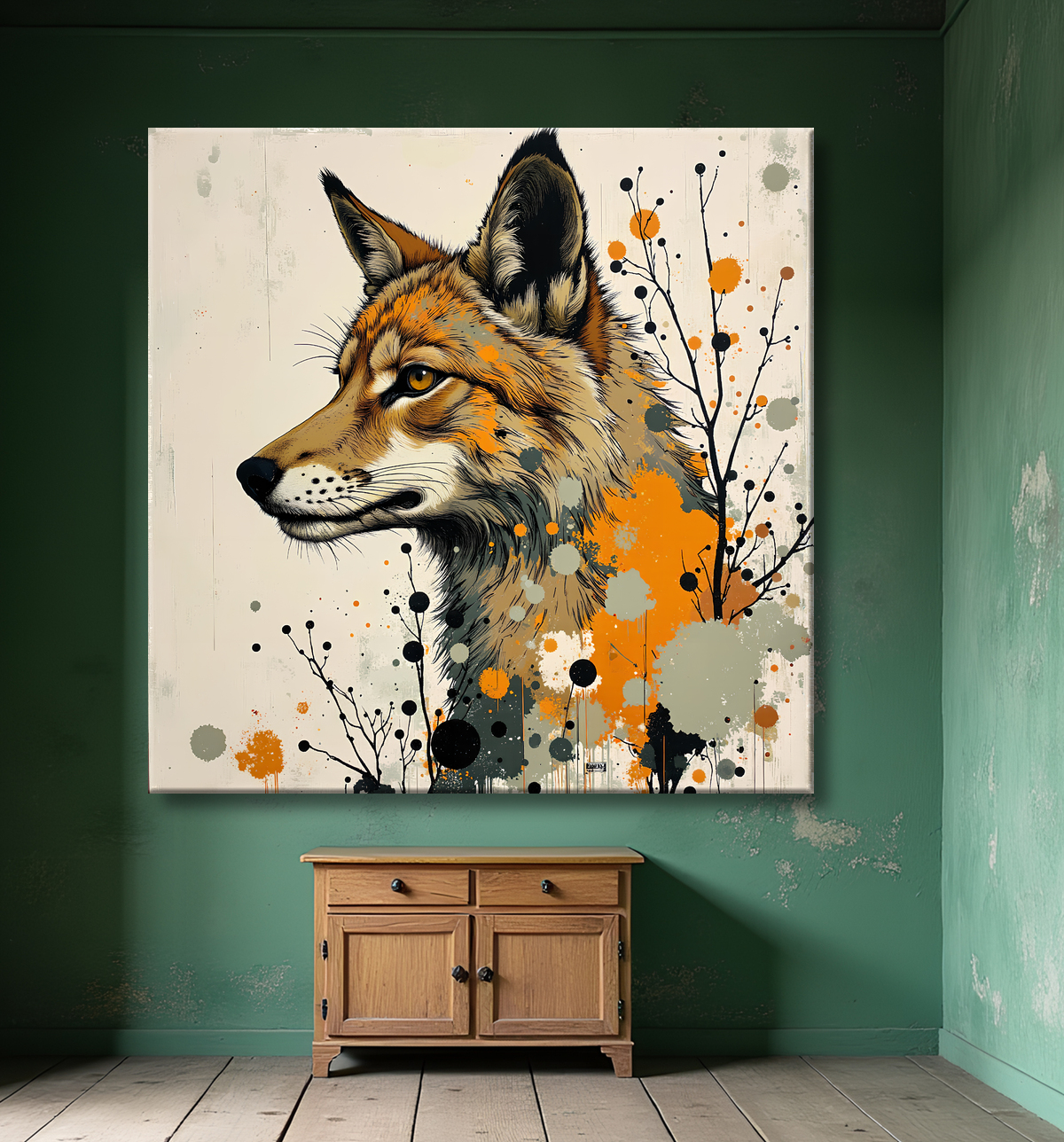 Tableau loup | Peinture moderne expressive loup avec decor