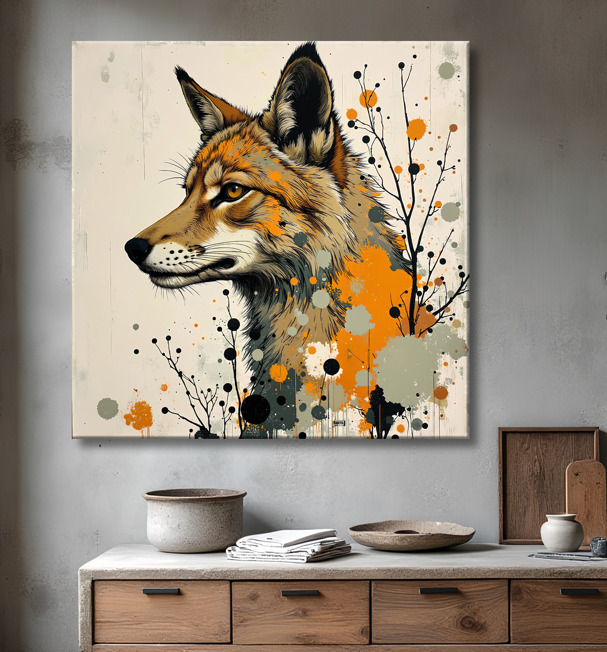 Tableau loup | Peinture moderne expressive loup avec decor