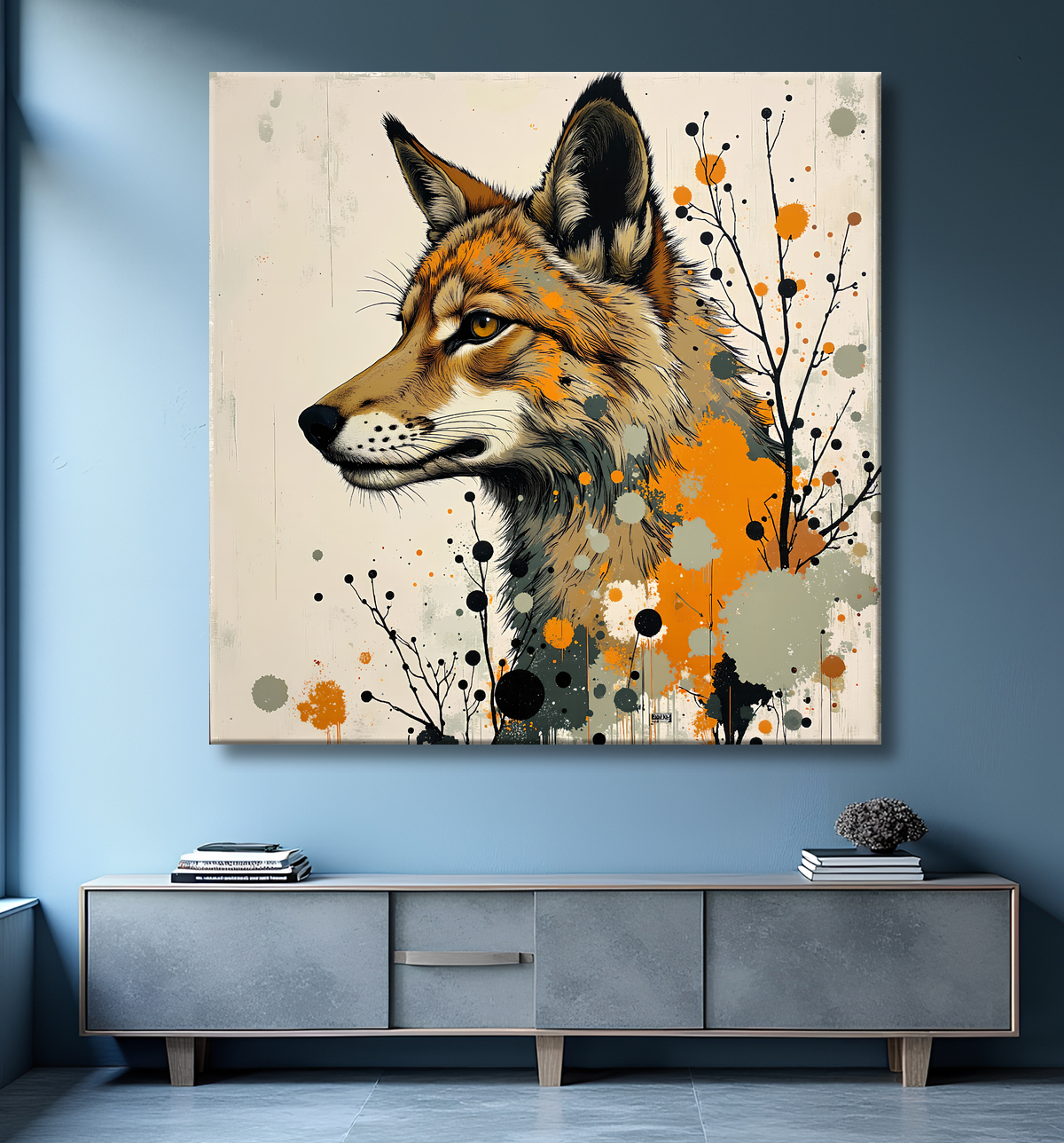 Tableau loup | Peinture moderne expressive loup avec decor