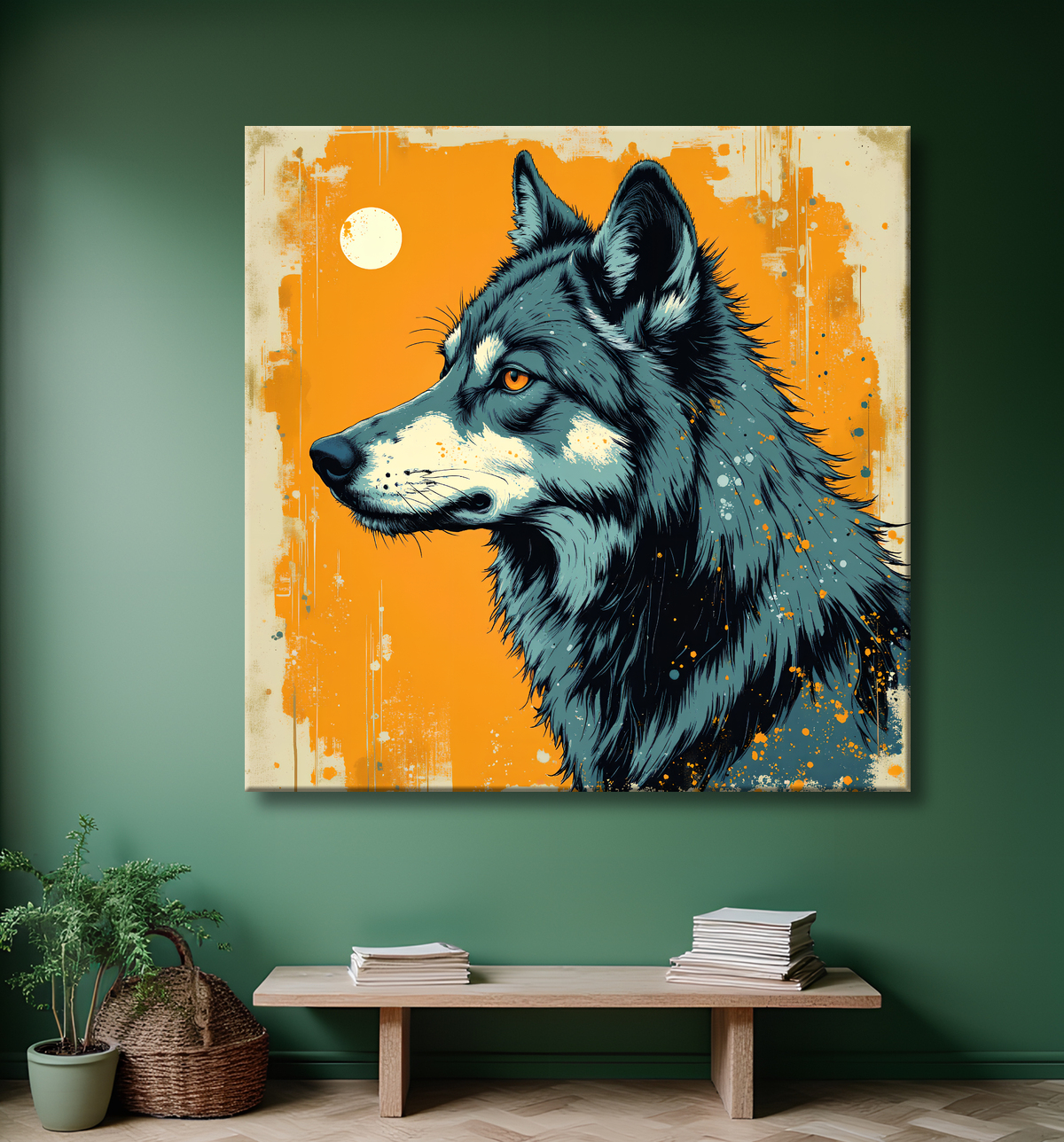 Tableau loup | Peinture moderne expressive loup avec decor