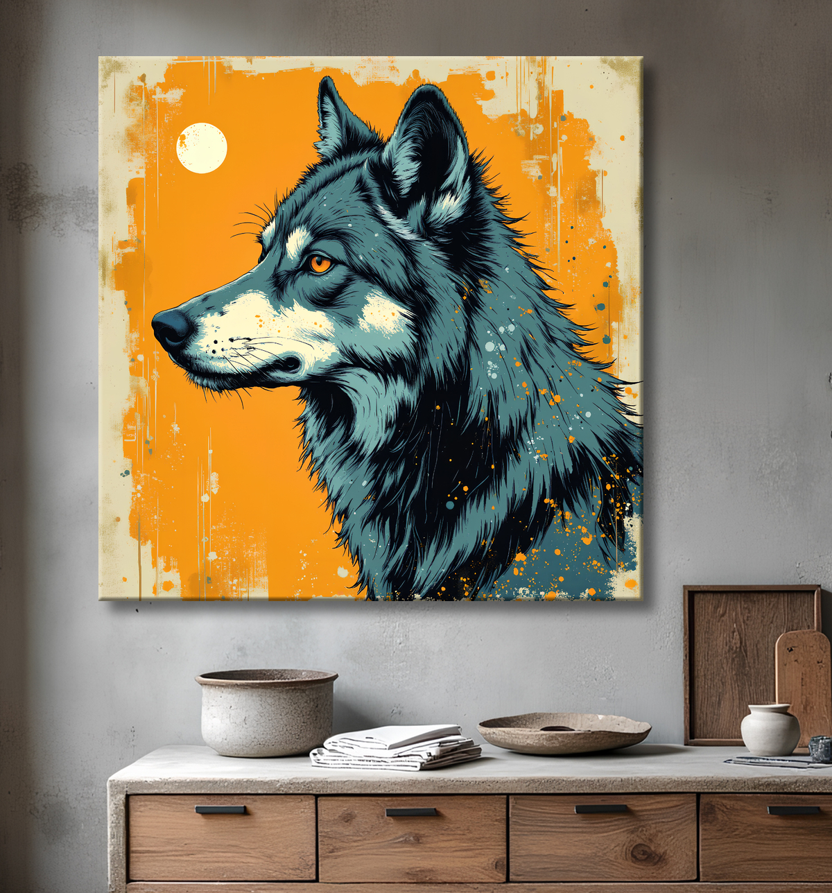Tableau loup | Peinture moderne expressive loup avec decor