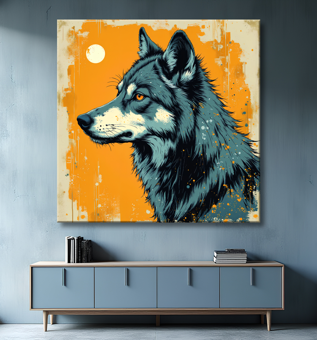 Tableau loup | Peinture moderne expressive loup avec decor