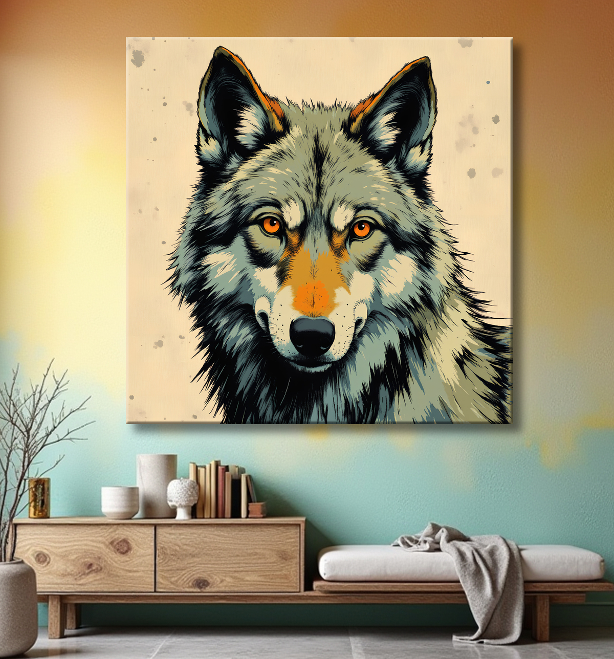 Tableau loup | Peinture moderne expressive loup avec decor