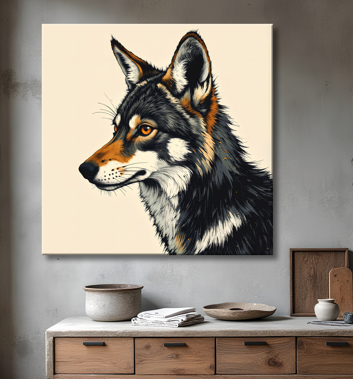 Tableau loup | Peinture moderne expressive loup avec decor