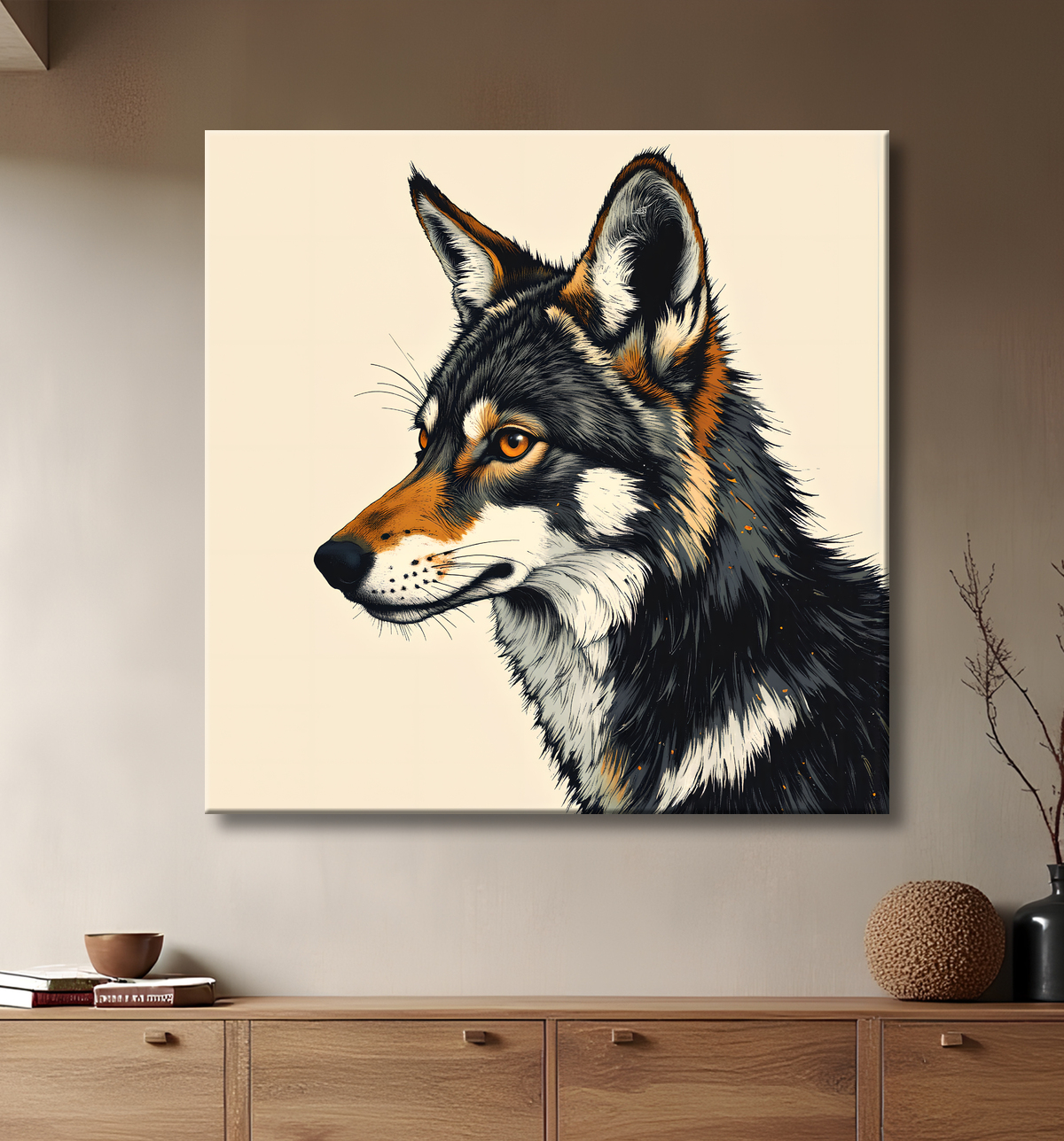 Tableau loup | Peinture moderne expressive loup avec decor