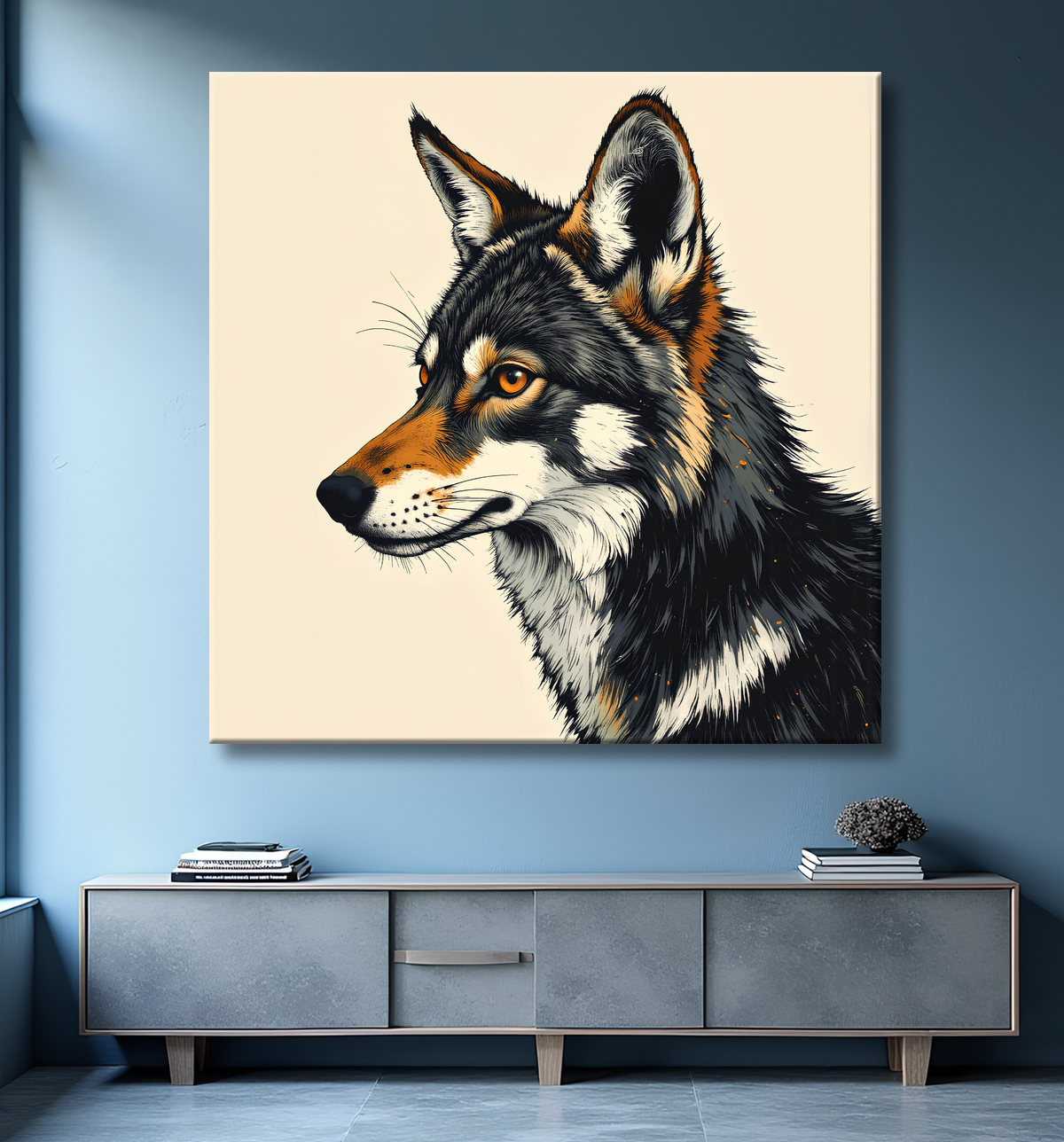 Tableau loup | Peinture moderne expressive loup avec decor