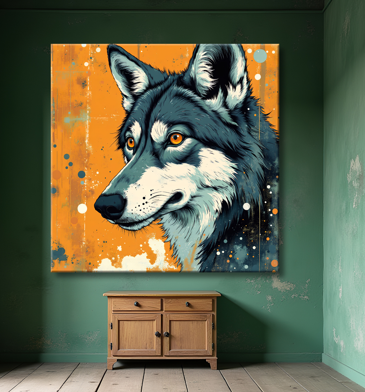 Tableau loup | Peinture moderne expressive loup avec decor