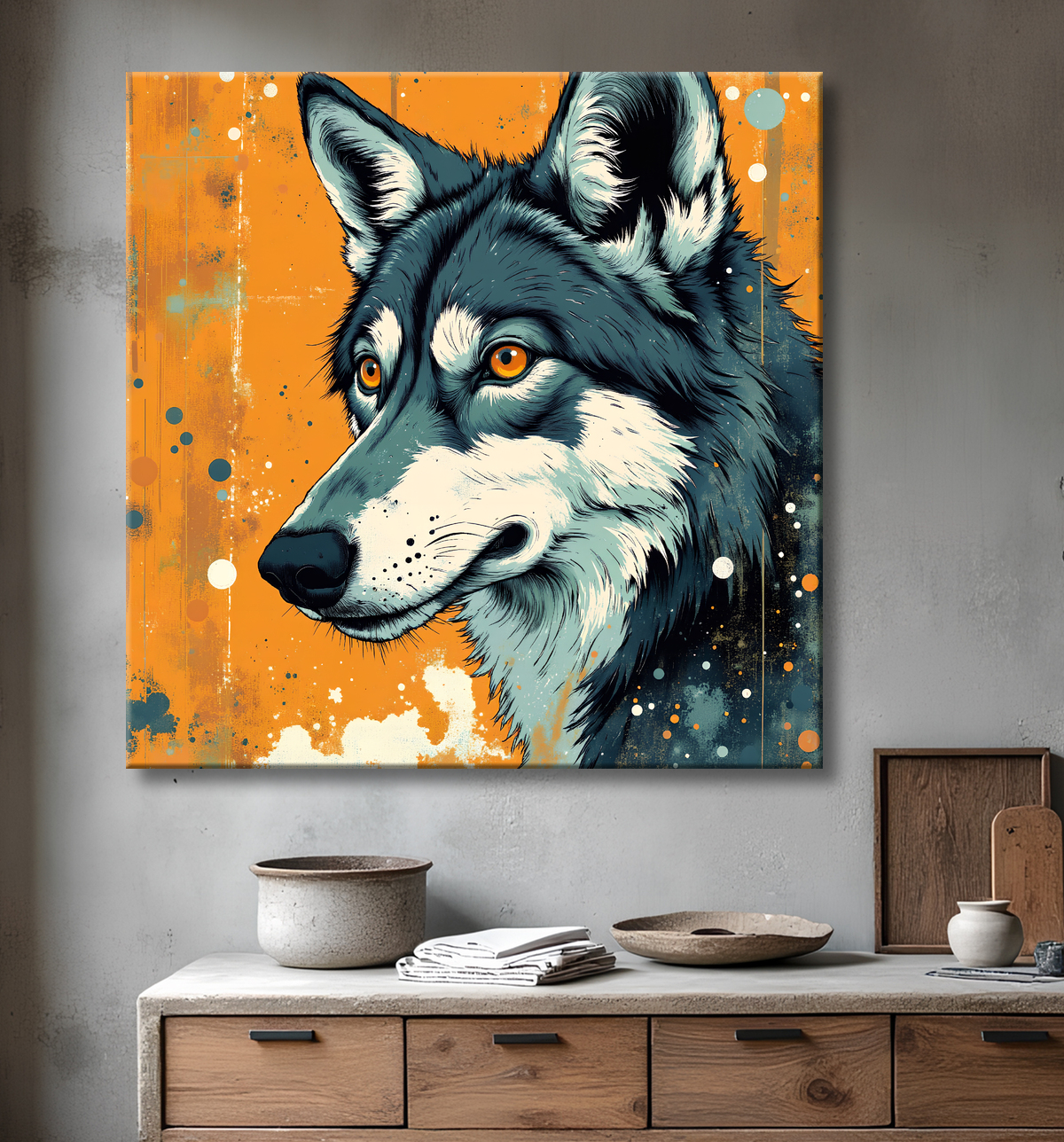 Tableau loup | Peinture moderne expressive loup avec decor