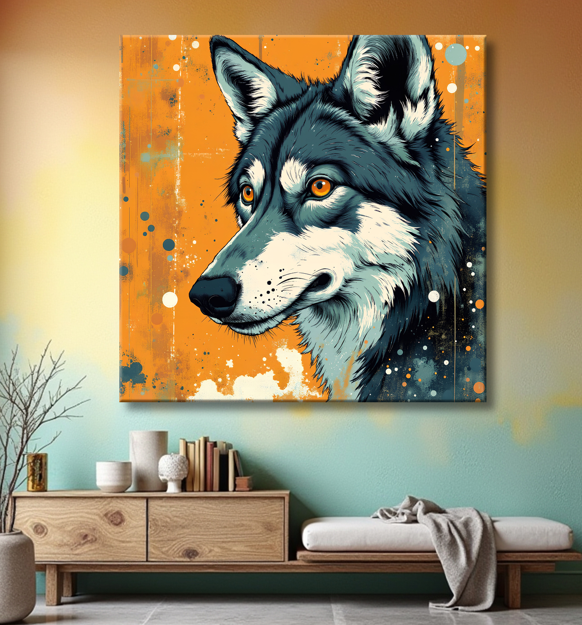 Tableau loup | Peinture moderne expressive loup avec decor