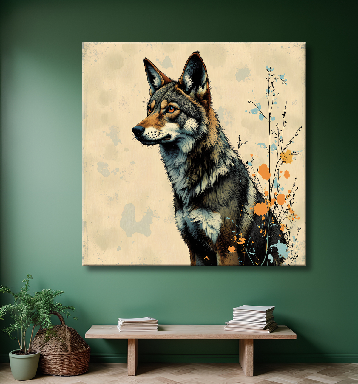 Tableau loup | Peinture moderne expressive loup avec decor