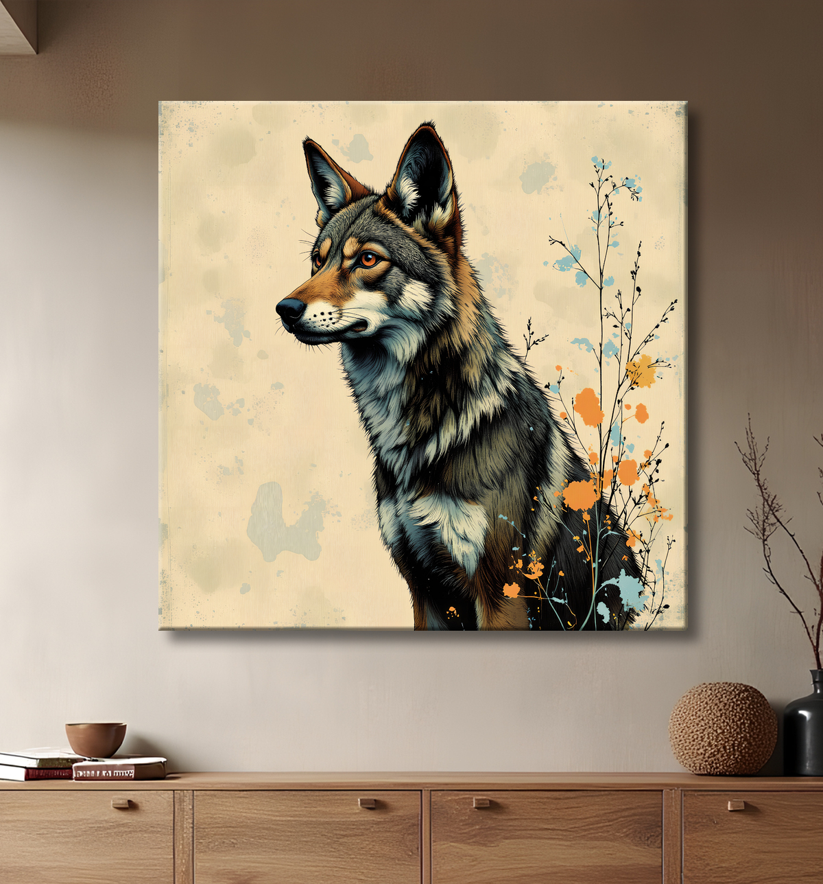 Tableau loup | Peinture moderne expressive loup avec decor