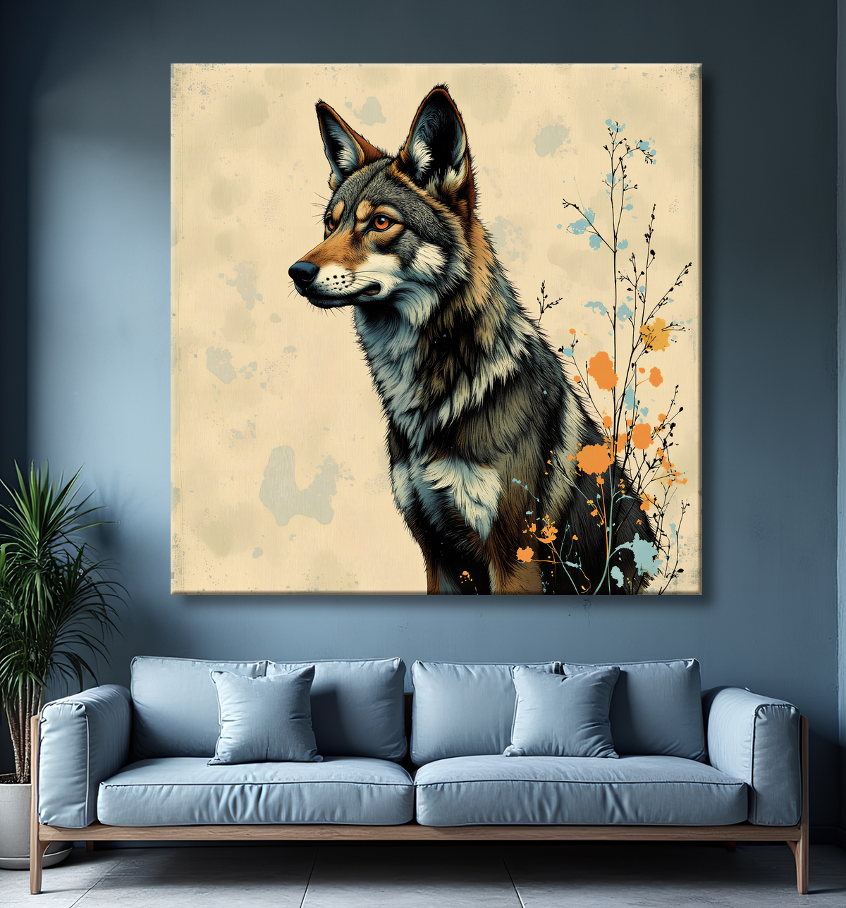 Tableau loup | Peinture moderne expressive loup avec decor