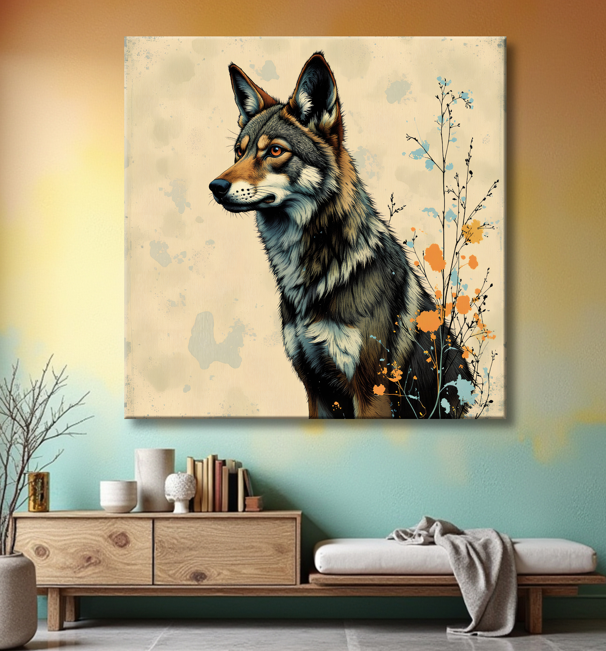 Tableau loup | Peinture moderne expressive loup avec decor