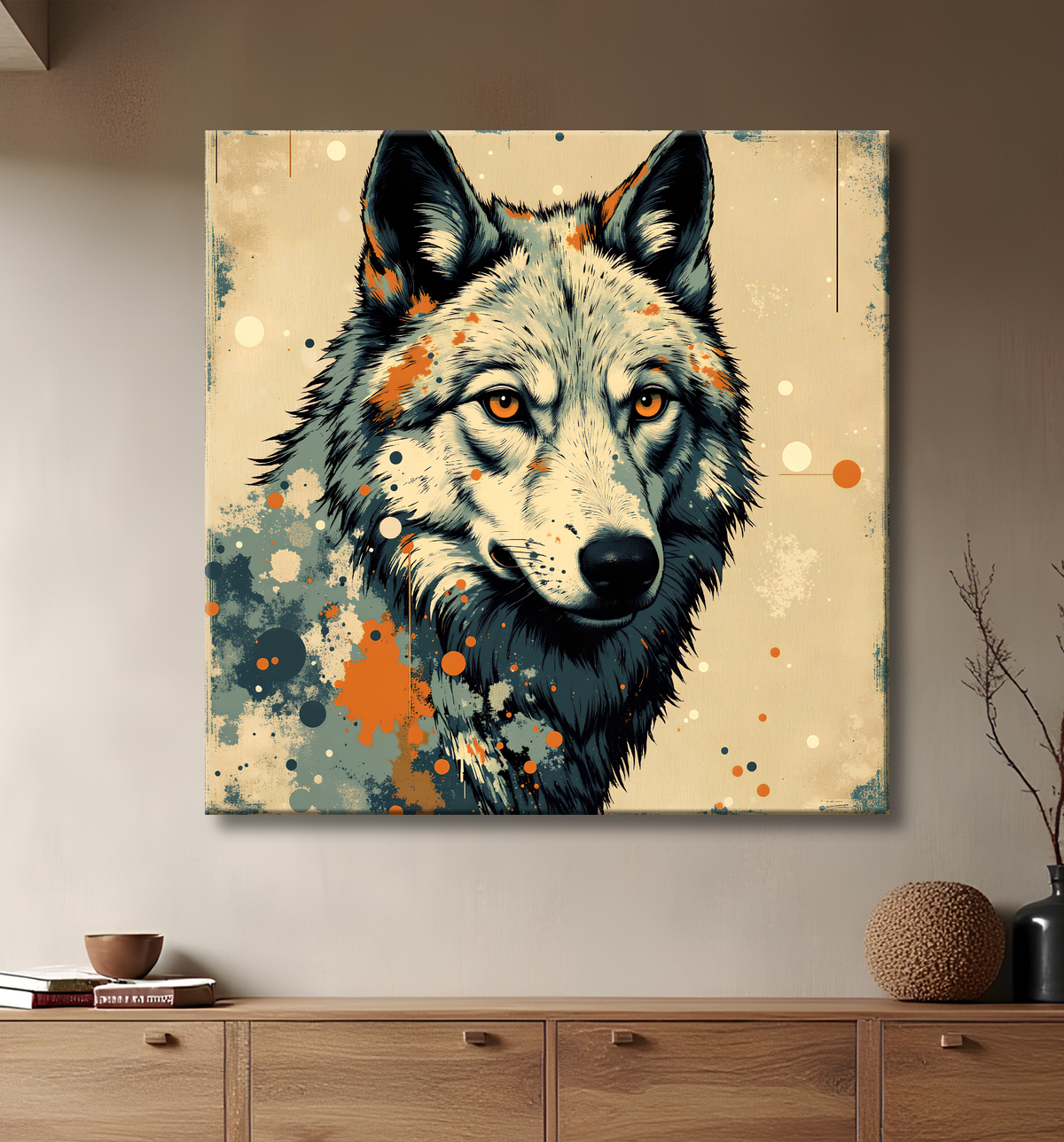 Tableau loup | Peinture moderne expressive loup avec decor