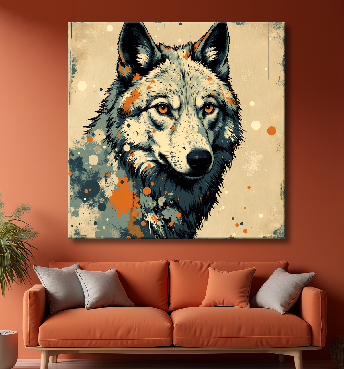 Tableau loup | Peinture moderne expressive loup avec decor