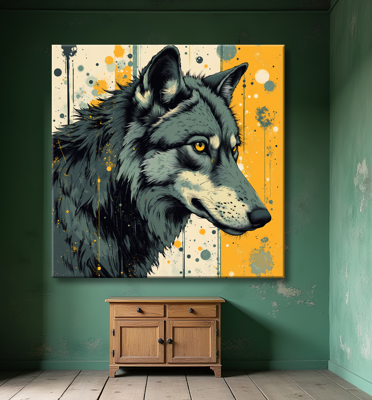 Tableau loup | Peinture moderne expressive loup avec decor