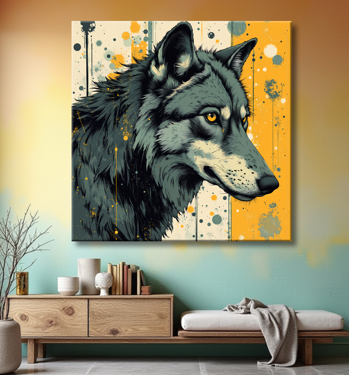 Tableau loup | Peinture moderne expressive loup avec decor