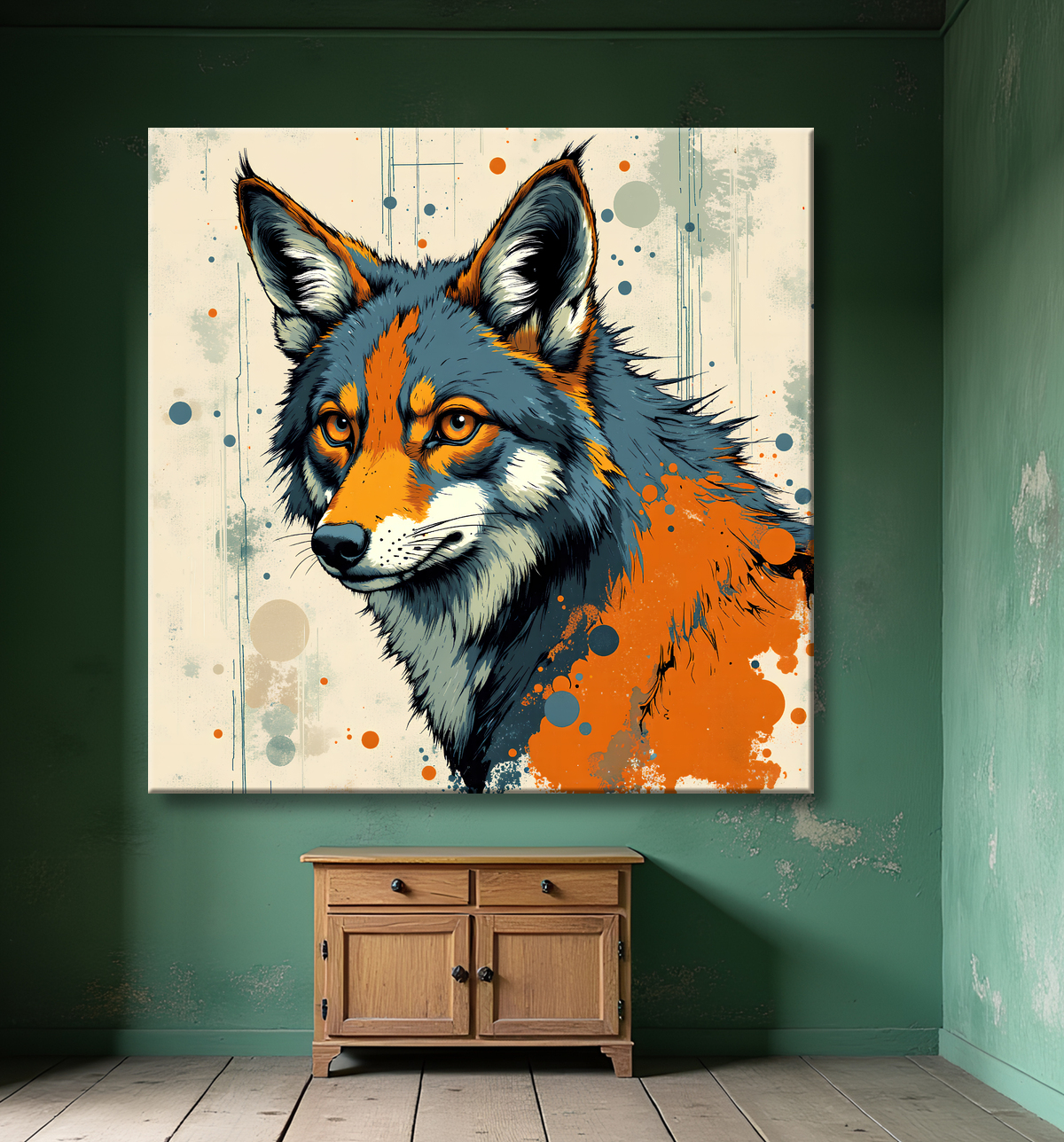 Tableau loup | Peinture moderne expressive loup avec decor