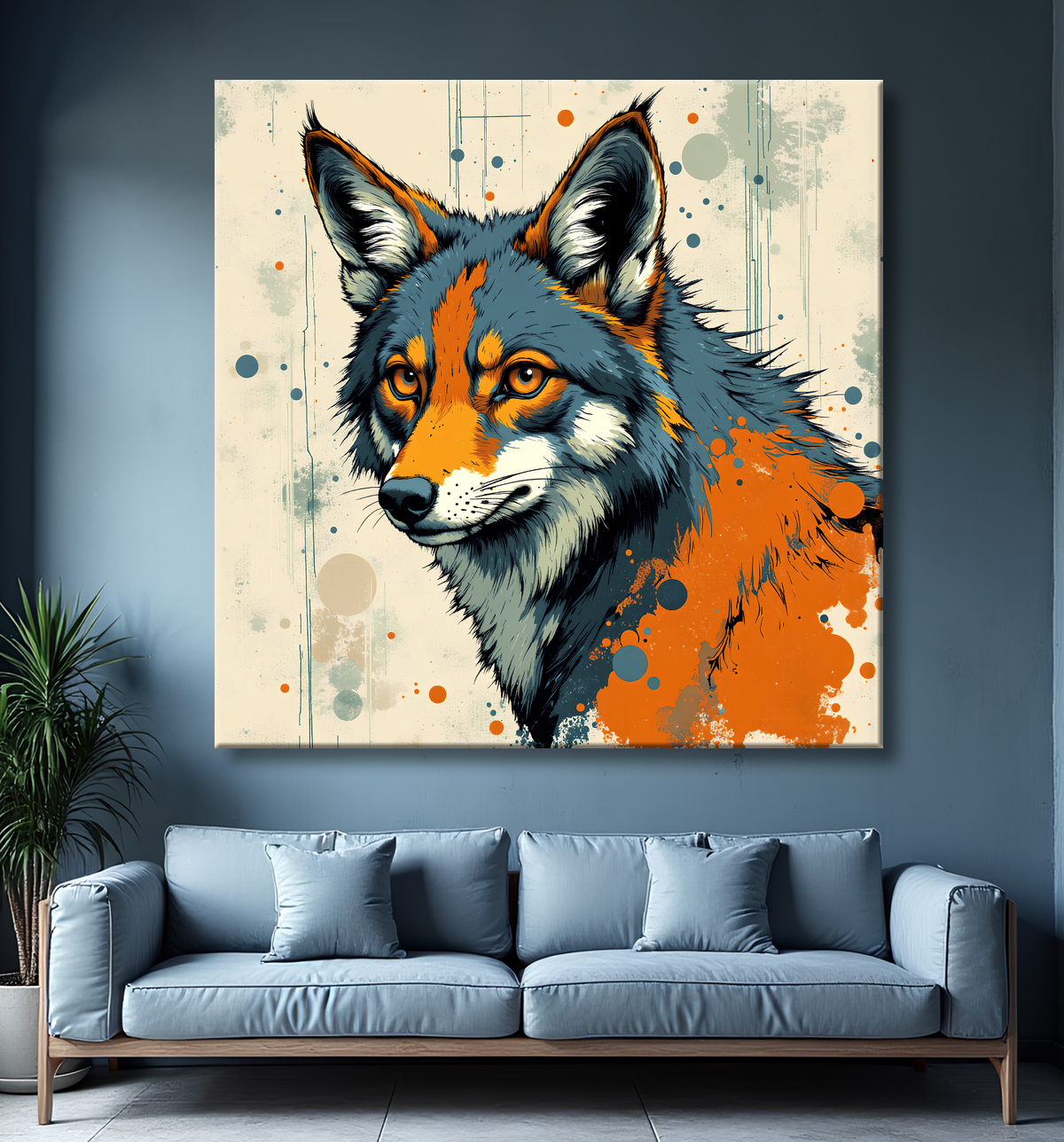 Tableau loup | Peinture moderne expressive loup avec decor