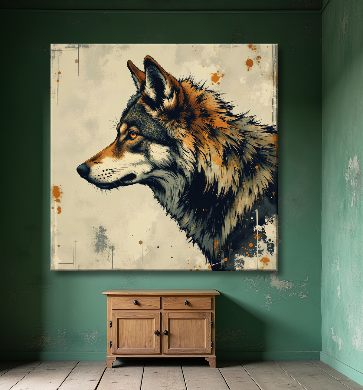 Tableau loup | Peinture moderne expressive loup avec decor