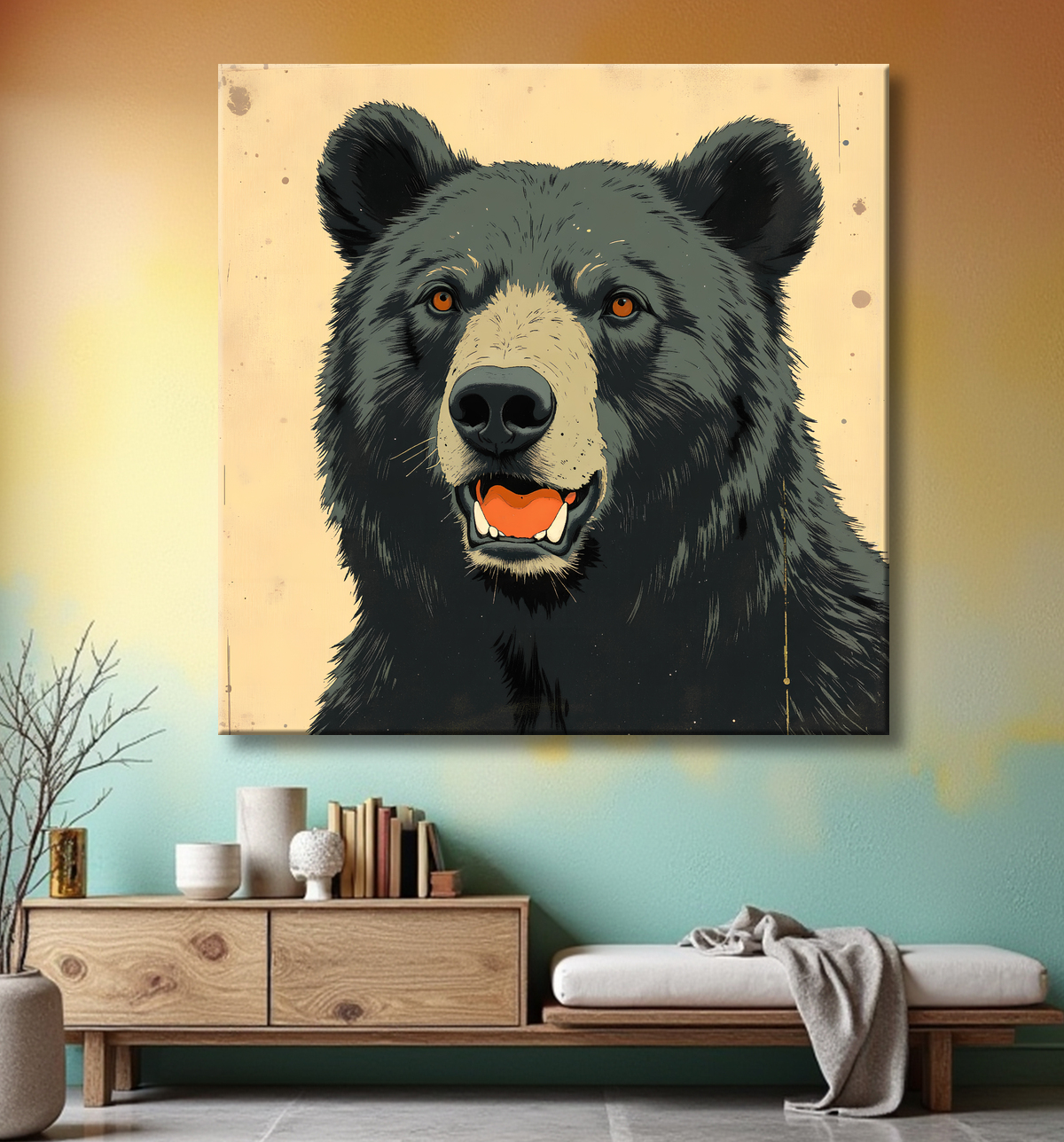 Tableau ours brun | Peinture ours moderne et expressive avec decor