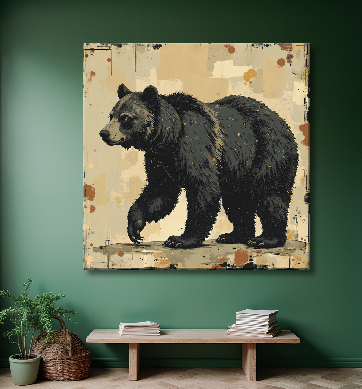 Tableau ours brun | Peinture ours moderne et expressive avec decor