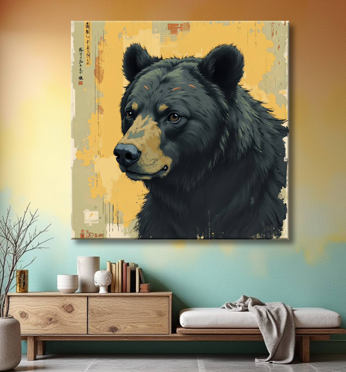 Tableau ours brun | Peinture ours moderne et expressive avec decor