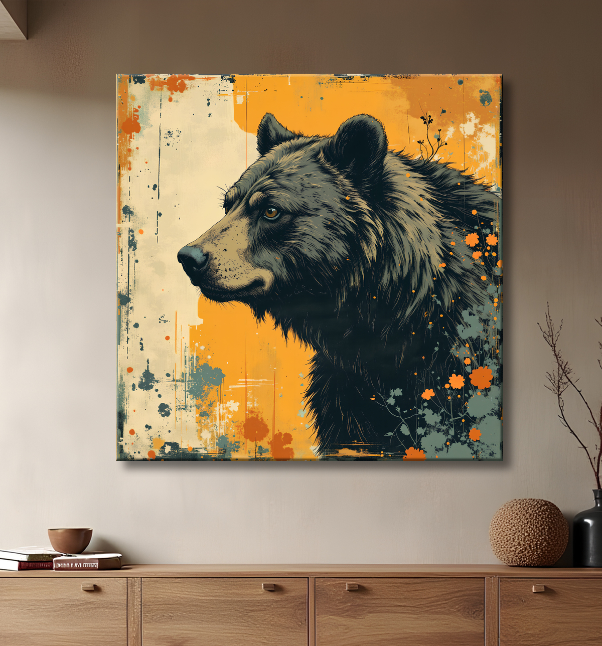 Tableau ours brun | Peinture ours moderne et expressive avec decor