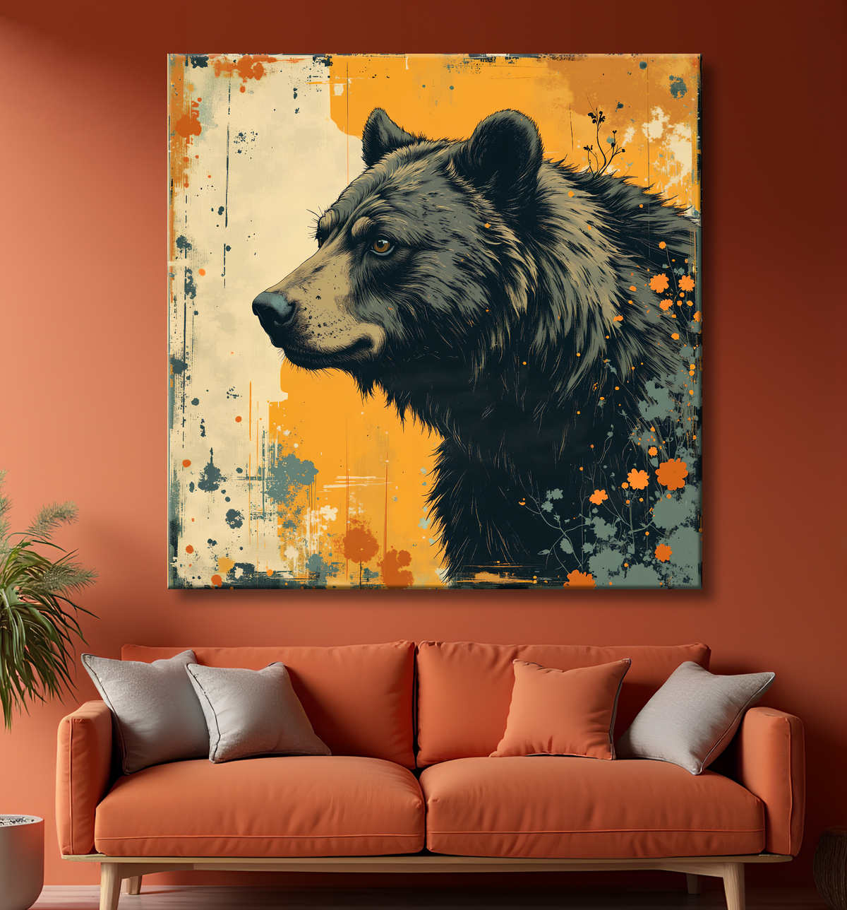 Tableau ours brun | Peinture ours moderne et expressive avec decor