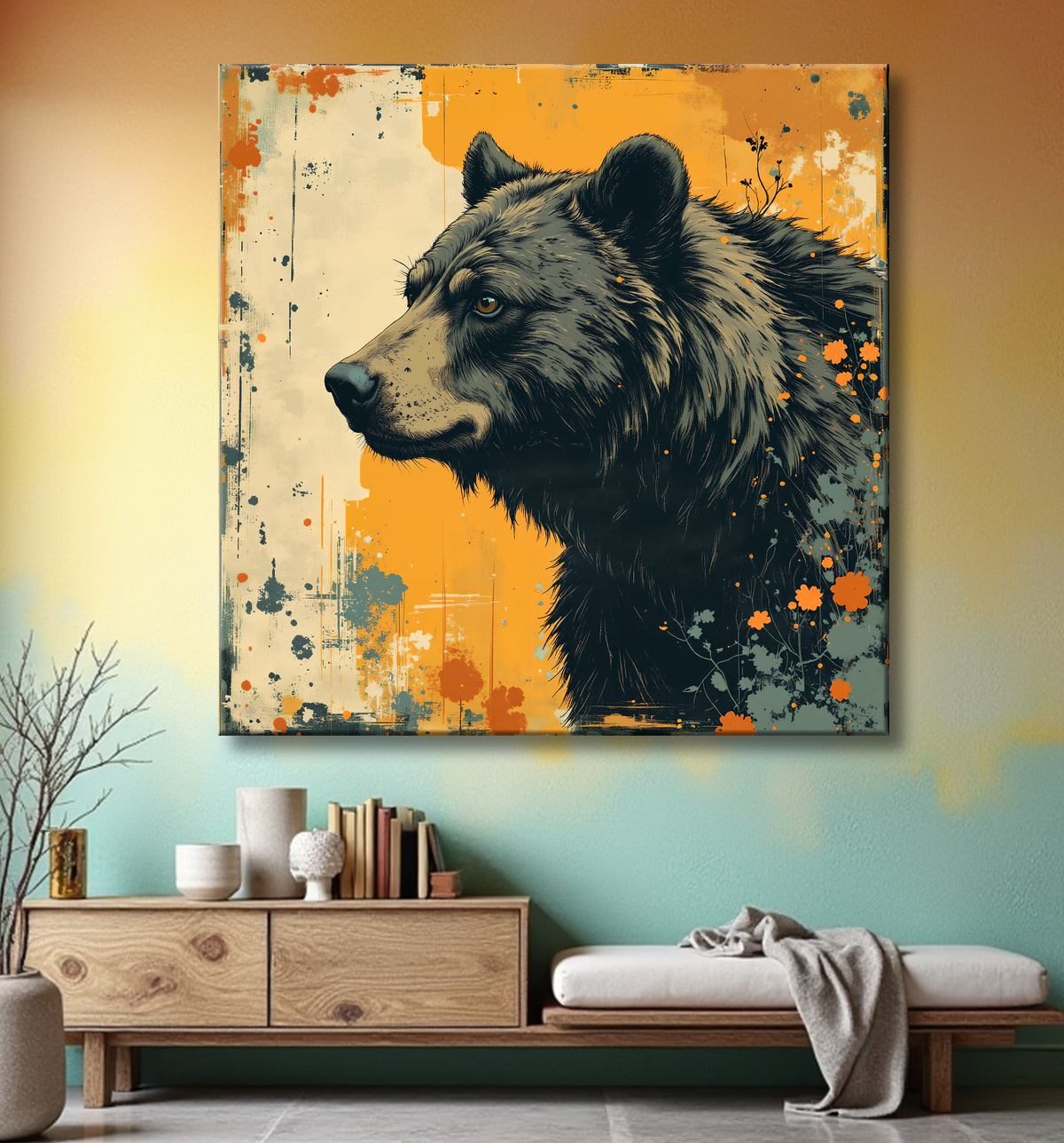 Tableau ours brun | Peinture ours moderne et expressive avec decor