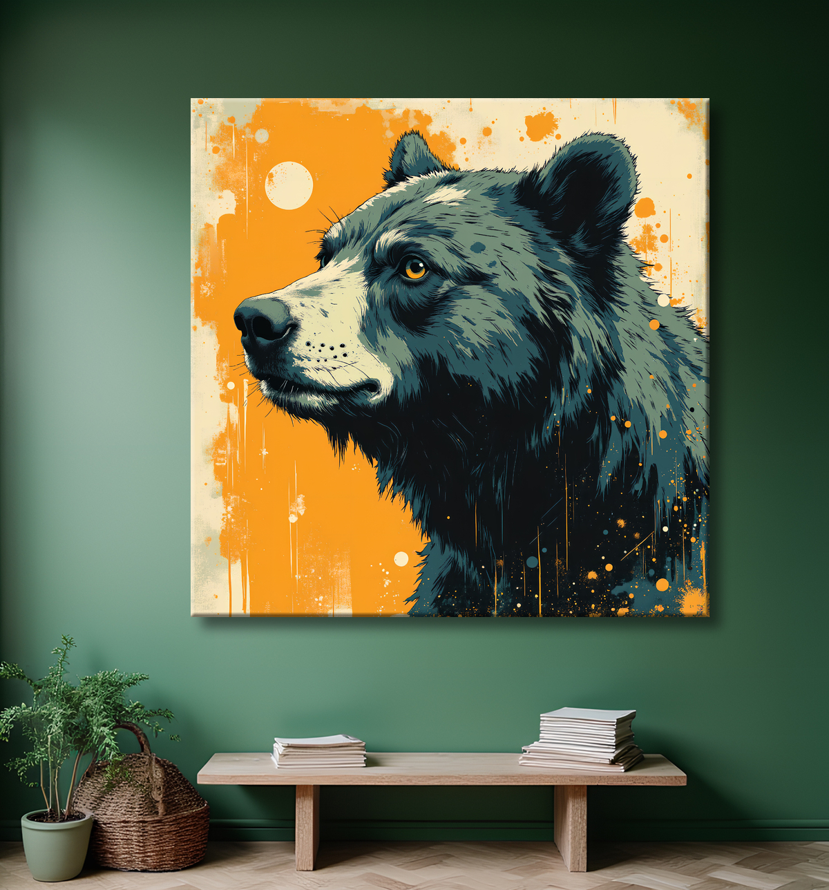 Tableau ours brun | Peinture ours moderne et expressive avec decor