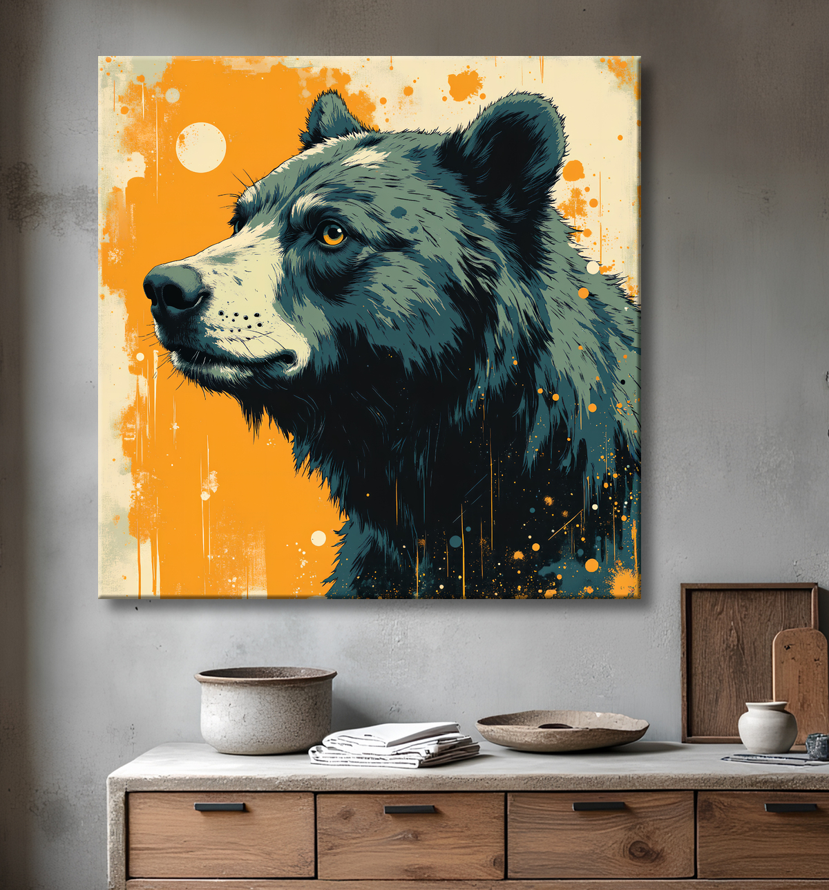 Tableau ours brun | Peinture ours moderne et expressive avec decor