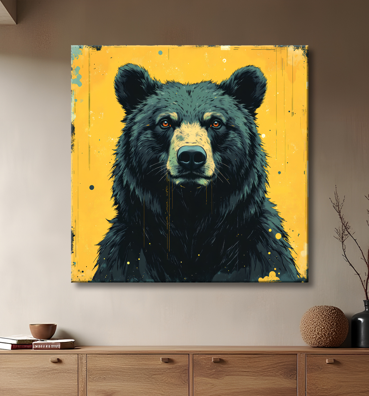 Tableau ours brun | Peinture ours moderne et expressive avec decor
