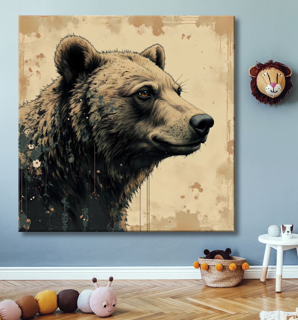 Tableau ours brun | Peinture ours moderne et expressive avec decor