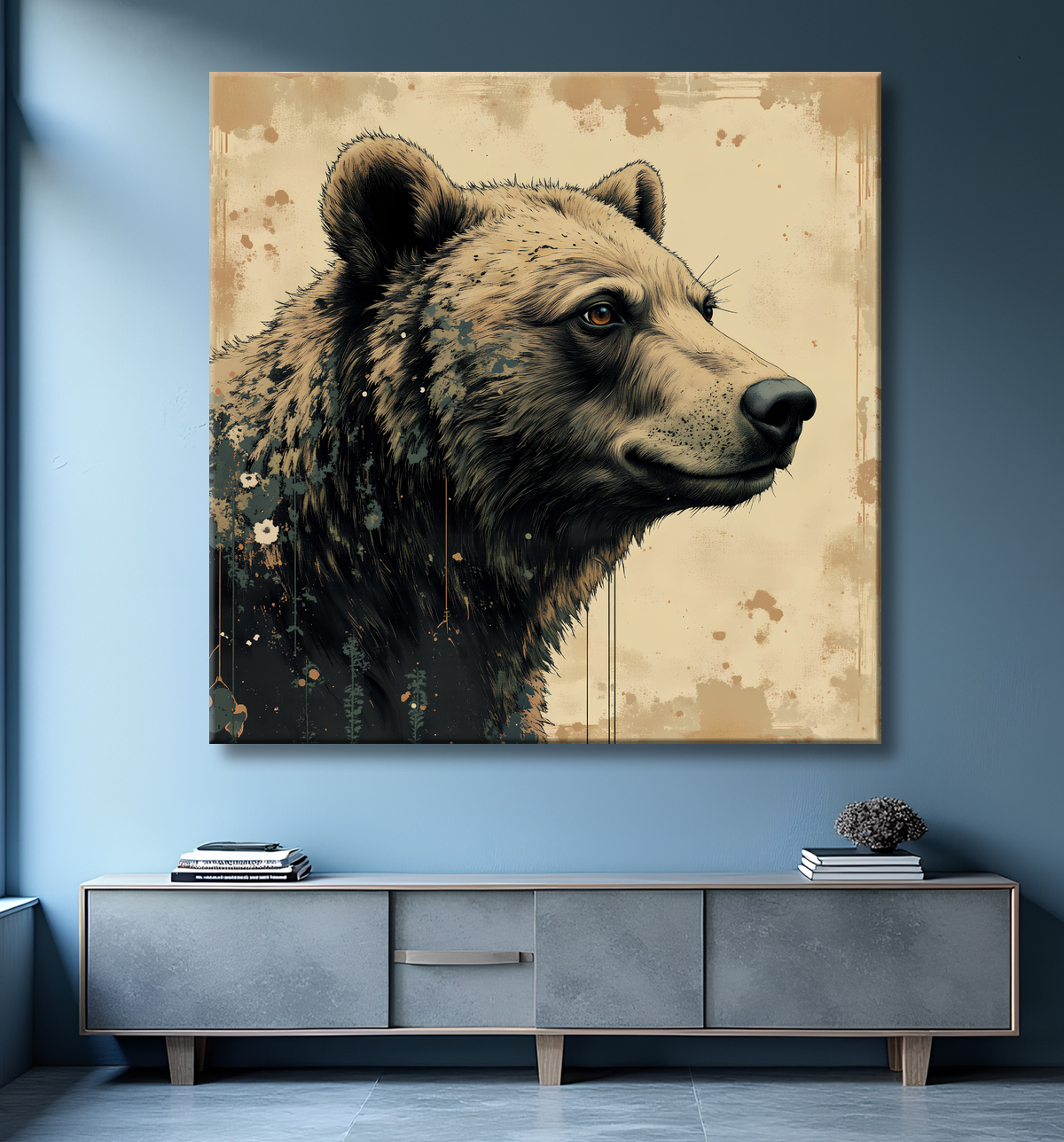 Tableau ours brun | Peinture ours moderne et expressive avec decor