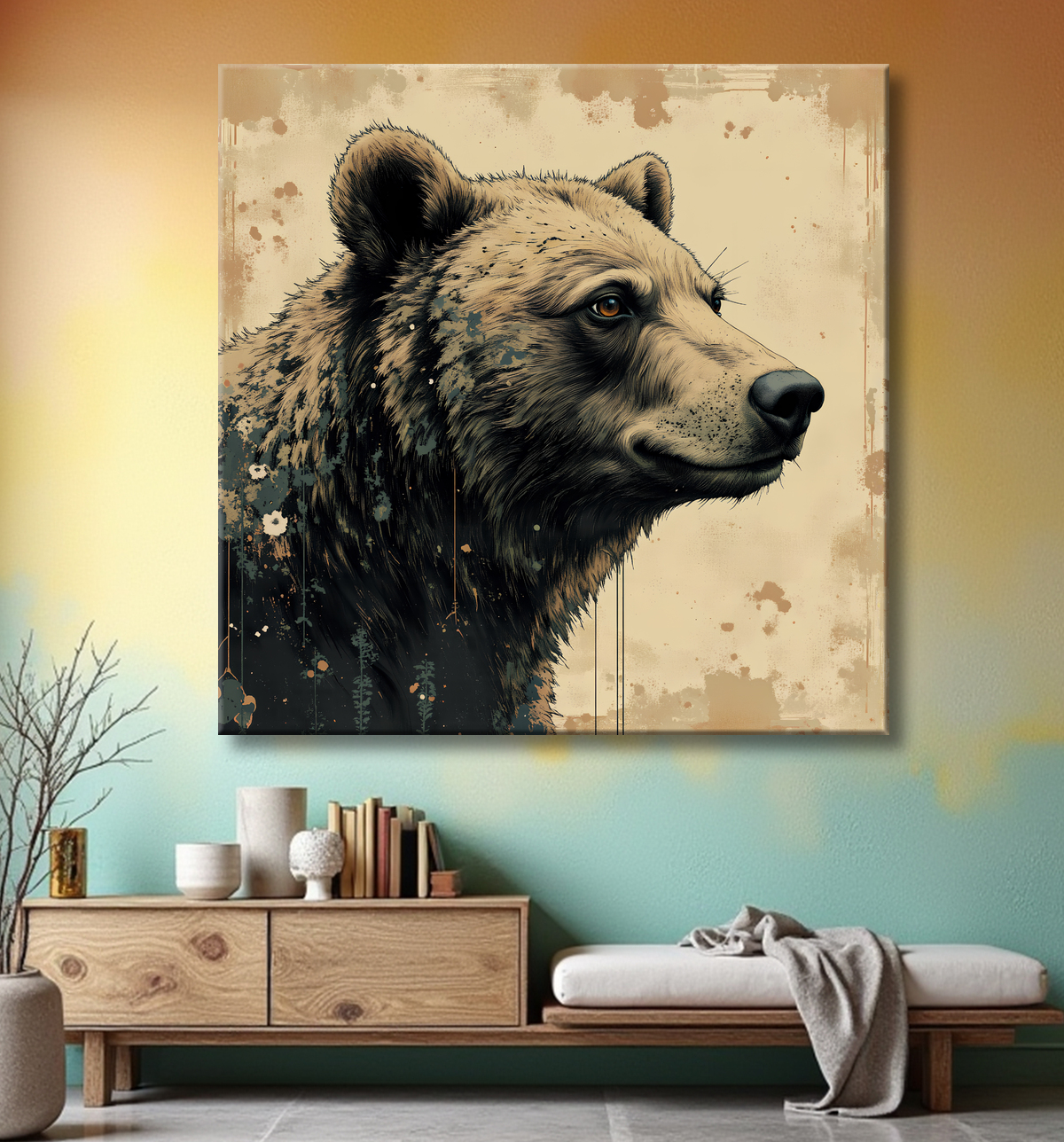 Tableau ours brun | Peinture ours moderne et expressive avec decor