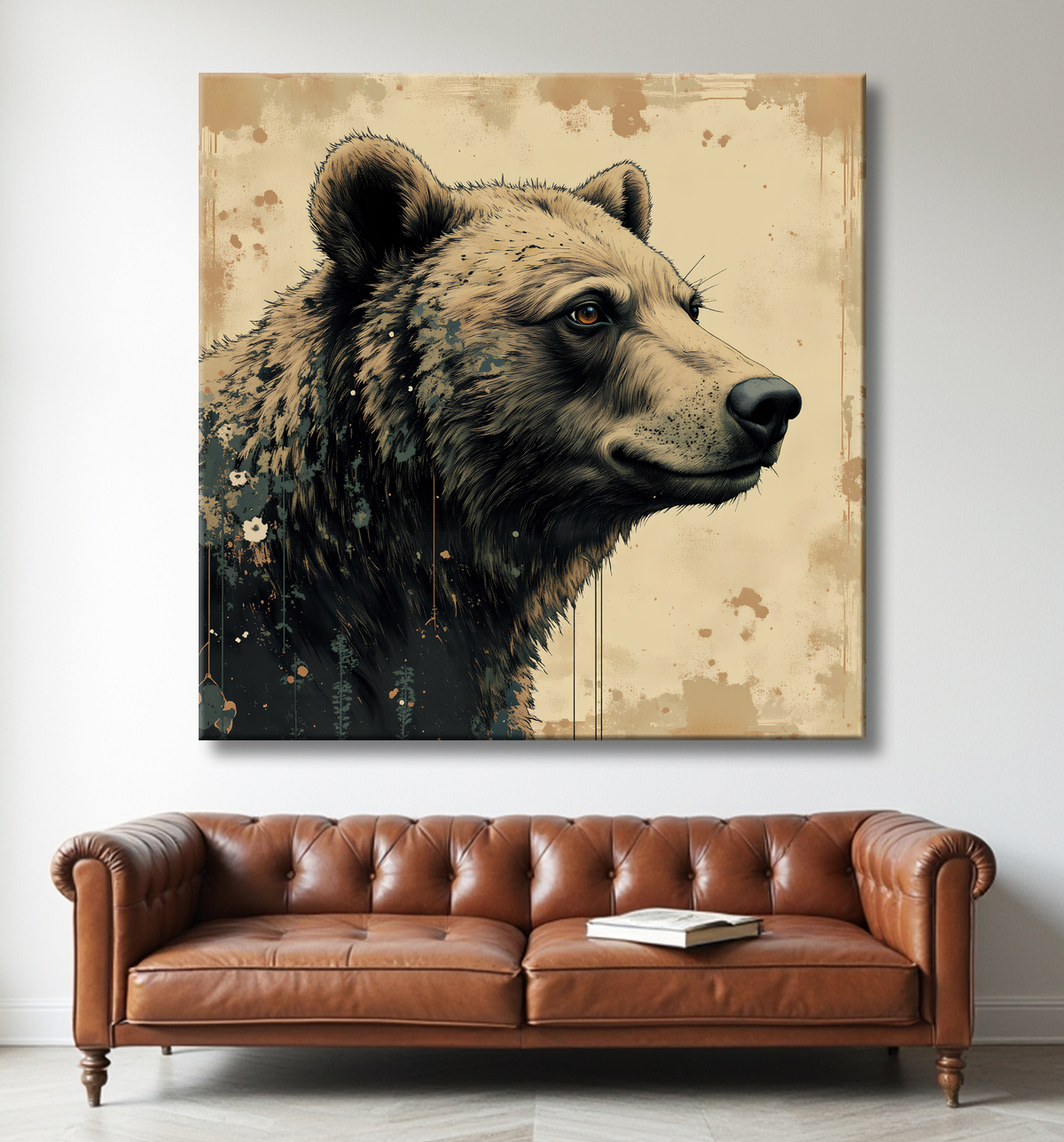 Tableau ours brun | Peinture ours moderne et expressive avec decor