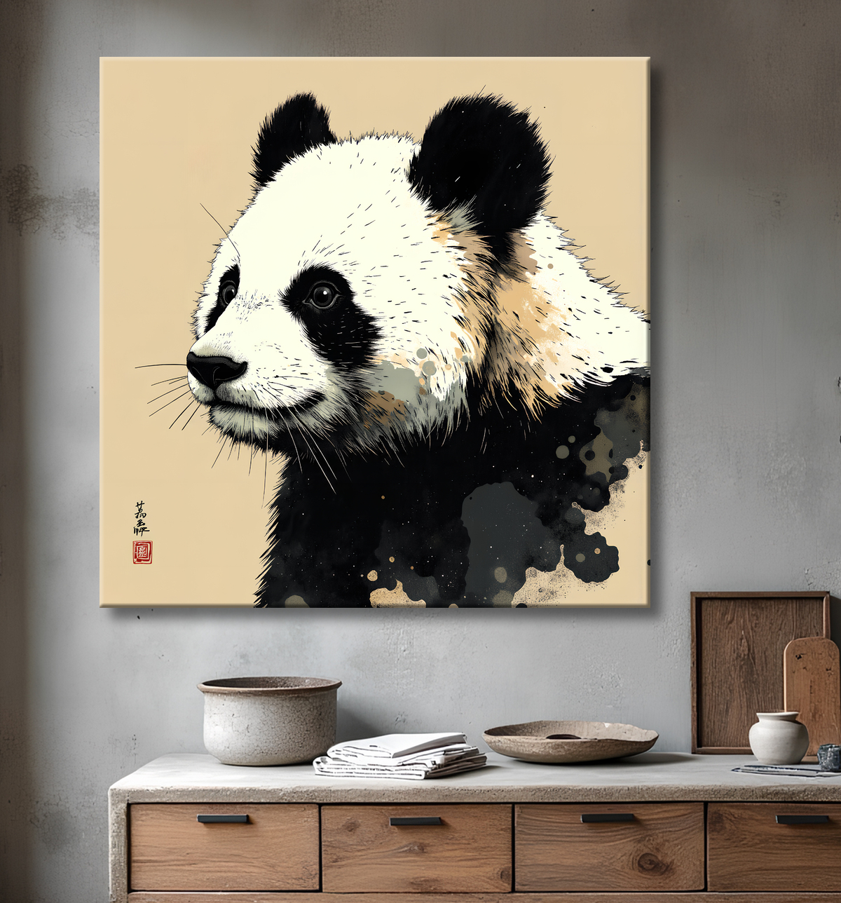 Tableau panda moderne - Peinture animalière expressive et graphique avec decor